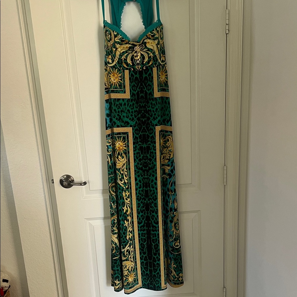 Arden B Rococo Print Green and Gold Maxi Dress with built in bra / mermaid pin